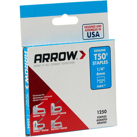 1250 Pack 1/4" Staples, for T50 Stapler