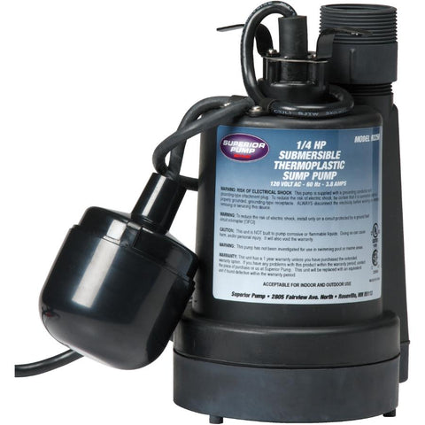 Superior Pump 92250 1/4-Horsepower Thermoplastic Sump Pump with Tethered Float Switch