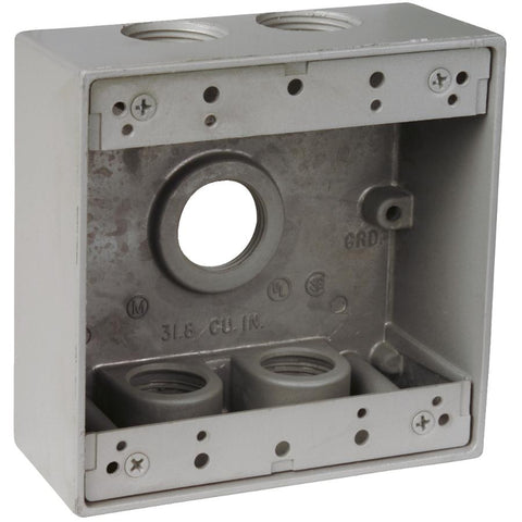 2 Gang Silver Weatherproof Metal Wiring Box with 5 Threaded Outlets