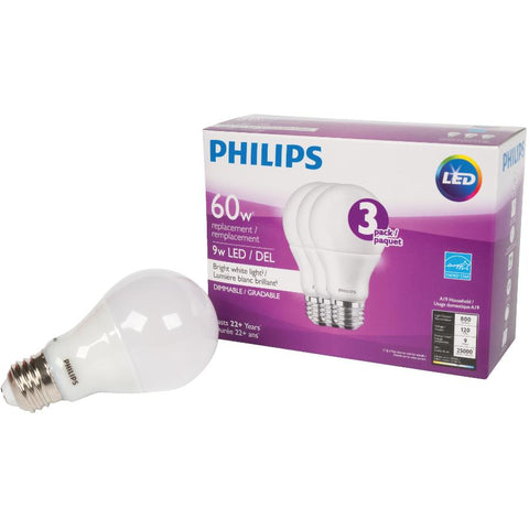 Philips 462242 Led 60W A19 Bright White (3000K)-3 Pack