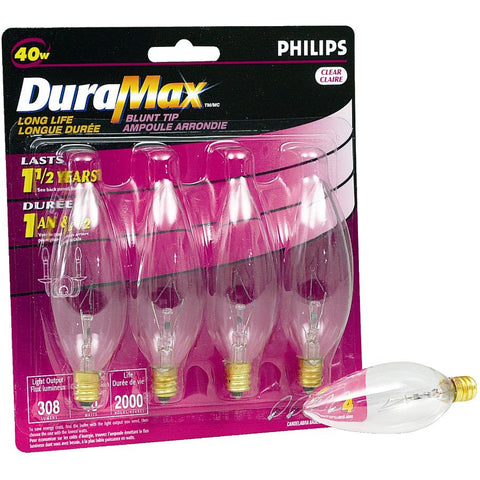 DuraMax 40W B10 Candelabra Base Clear Chandelier Light Bulbs - 4 Pack