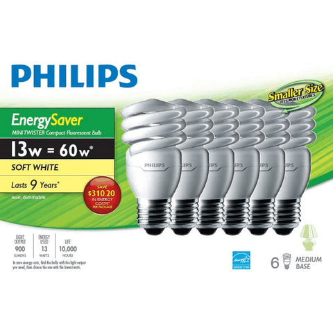 Philips 431122 CFL 13W = 60W Philips EnergySaver Mini Twister Flourescent Bulb, Soft White (2700 Kelvin), E26 Base, 6-Pack