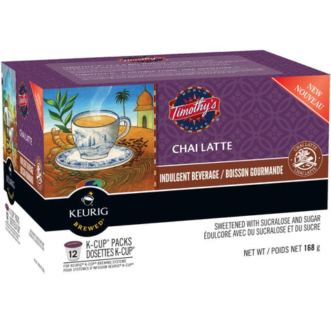 Timothy's Chai Latte Single Serve Keurig Certified Recyclable K-Cup pods for Keurig brewers, 12 Count