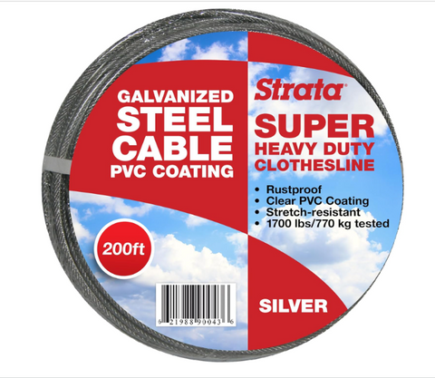 Strata 200' Silver Clothesline - Super Heavy Duty Galvanized Steel Cable, PVC Coasting