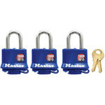 Master Lock 312TRI Laminated Padlocks with Blue Thermoplastic Shell, 1-9/16-Inch, 3-Pack