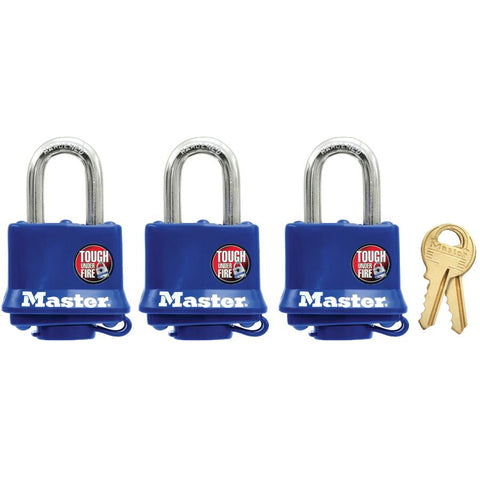 Master Lock 312TRI Laminated Padlocks with Blue Thermoplastic Shell, 1-9/16-Inch, 3-Pack