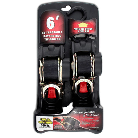 Erickson 34413 Pro Series Black 1" x 6' Retractable Ratcheting Tie-Down Strap, 1500 lb Load Capacity, (Pack of 2)