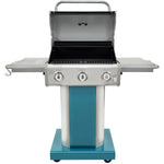 Pedestal Propane BBQ with Foldable Side Shelves - 3 Burner, Blue