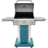 Pedestal Propane BBQ with Foldable Side Shelves - 3 Burner, Blue