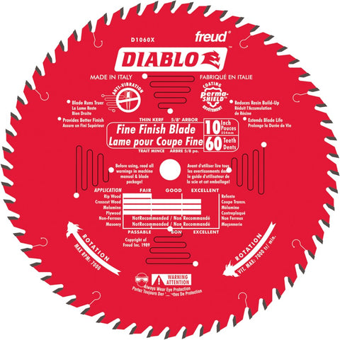 Diablo Circular Saw Blade, 10" D x 0.071" T, 60 Teeth, 5/8" Arbor Freud D1060XC