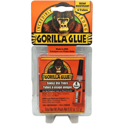 Gorilla Glue Original Minis Four Pack, 100% Waterproof, Indoor & Outdoor, Polyurethane Glue, Versatile Bonding Adhesive, Easy Application Nozzle, 4 - 3g Tubes (Pack of 1), 5100502