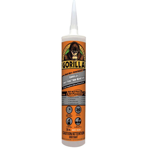 Gorilla Heavy Duty Construction Adhesive, All Weather Indoor & Outdoor, Paintable, Gap Filling, Non-Foaming, 9oz/266mL, Cartridge, White, (Pack of 1), 8110003