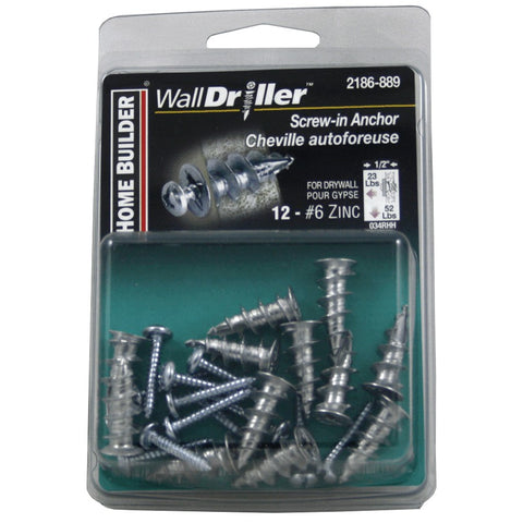 12 Pack #6 Zinc Plated Walldriller Anchors, With Screws