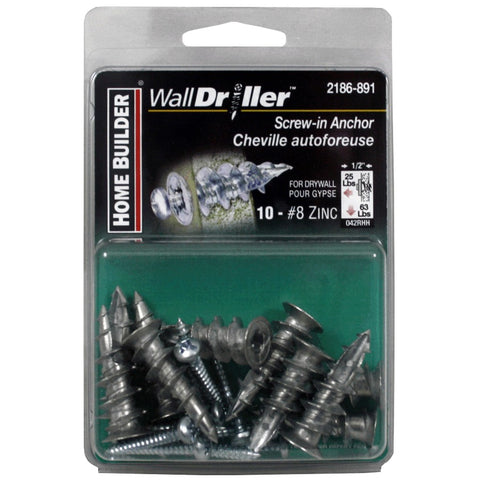 10 Pack #8L Zinc Plated Walldriller Anchors, with Screws