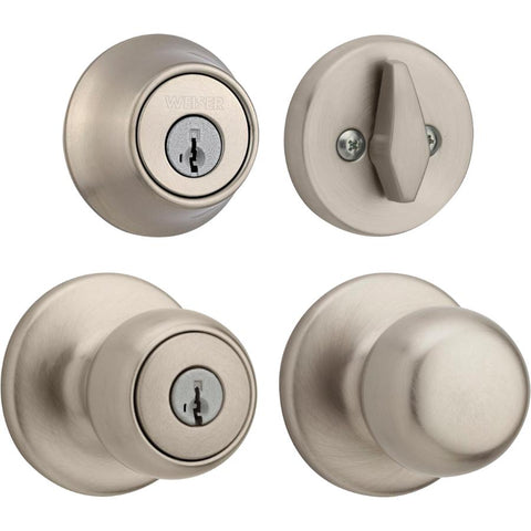 Weiser Fairfax Entry Knob and Deadbolt Pack Featuring SmartKey, Exterior Door Lock Combo Pack, Satin Nickel (9GACS74510-018)