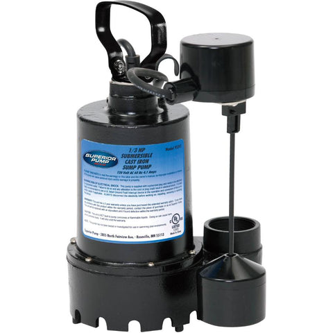 Superior Pump 92341 1/3 HP Cast Iron Sump Pump Side Discharge with Vertical Float Switch