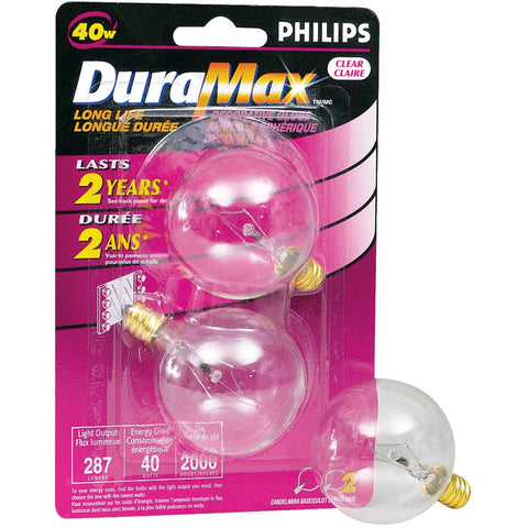 DuraMax 40W G16.5 Candelabra Base Clear Globe Light Bulbs - 2 Pack
