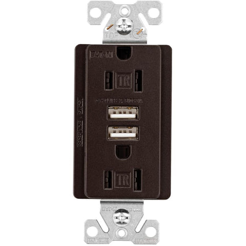 EATON TR7755RB-K-L Combination USB Charger with Tr Duplex Receptacle, Wire Leads, 12-14 Awg, 125 Vac, 15 A, Oil Rubber Bronze