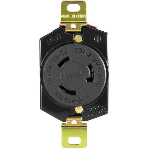 EATON L620R Hard Cw Ground Lock Single Electrical Receptacle, 250 Vac, 20 A, 2 Pole, 3 Wire, Black and White