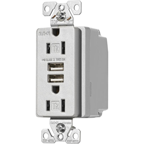 EATON TR7755SG-K-L Combination USB Charger with Tr Duplex Receptacle, Wire Leads, 12-14 Awg, 125 Vac, 15 A, Silver Granite