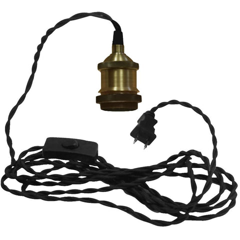 Runwireless Pendant Light Cord Kit 15'(4.57m) Antique Brass Socket, Black Flexible Twisted Fabric Cord-LA203