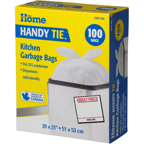 100 Pack 20" x 21" White Handy Tie Garbage Bags