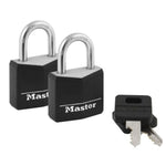 Master Lock 131T Solid Brass Keyed Alike Padlock, Black Cover, 3/16-Inch Shackle, 2-Pack