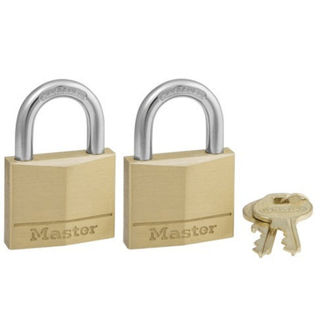 Master Lock 140T Solid Brass Keyed Alike Padlock with 1-9/16-Inch Wide Body and 7/8-Inch Shackle, 2-Pack