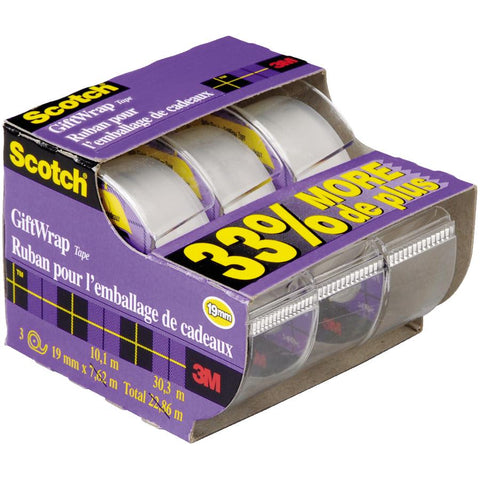 Scotch Tape Gift Wrap Tape, 19mm Wide x 10.1m, 3 Rolls in Dispensers