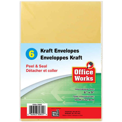 Kraft Peel and Seal Envelopes - 6" x 9", 6 Pack