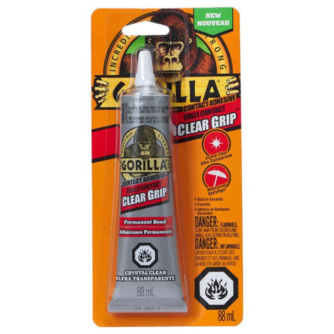 Gorilla Clear Grip Contact Adhesive, Flexible, Fast-Setting, Permanent Bond, Waterproof, Indoor & Outdoor, Paintable, 3oz/88ml, Clear, (Pack of 1), 8140002