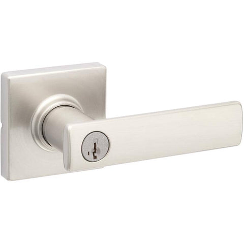 Weiser Breton Square Rose Keyed Entry Door Handle with SmartKey, Locking Exterior Lever - Satin Nickel